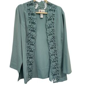 Maggie Sweet Cardigan Jacket 1X Teal Blue Polyester Lace Trim Open Front 1X